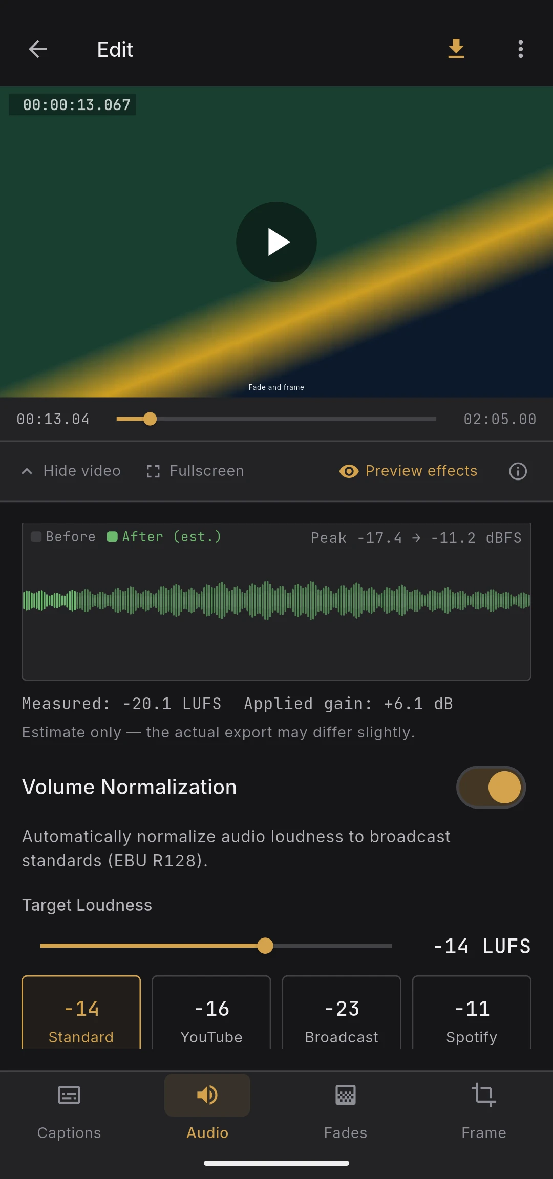 Audio tab overview with waveform, normalization toggle, LUFS slider, and presets