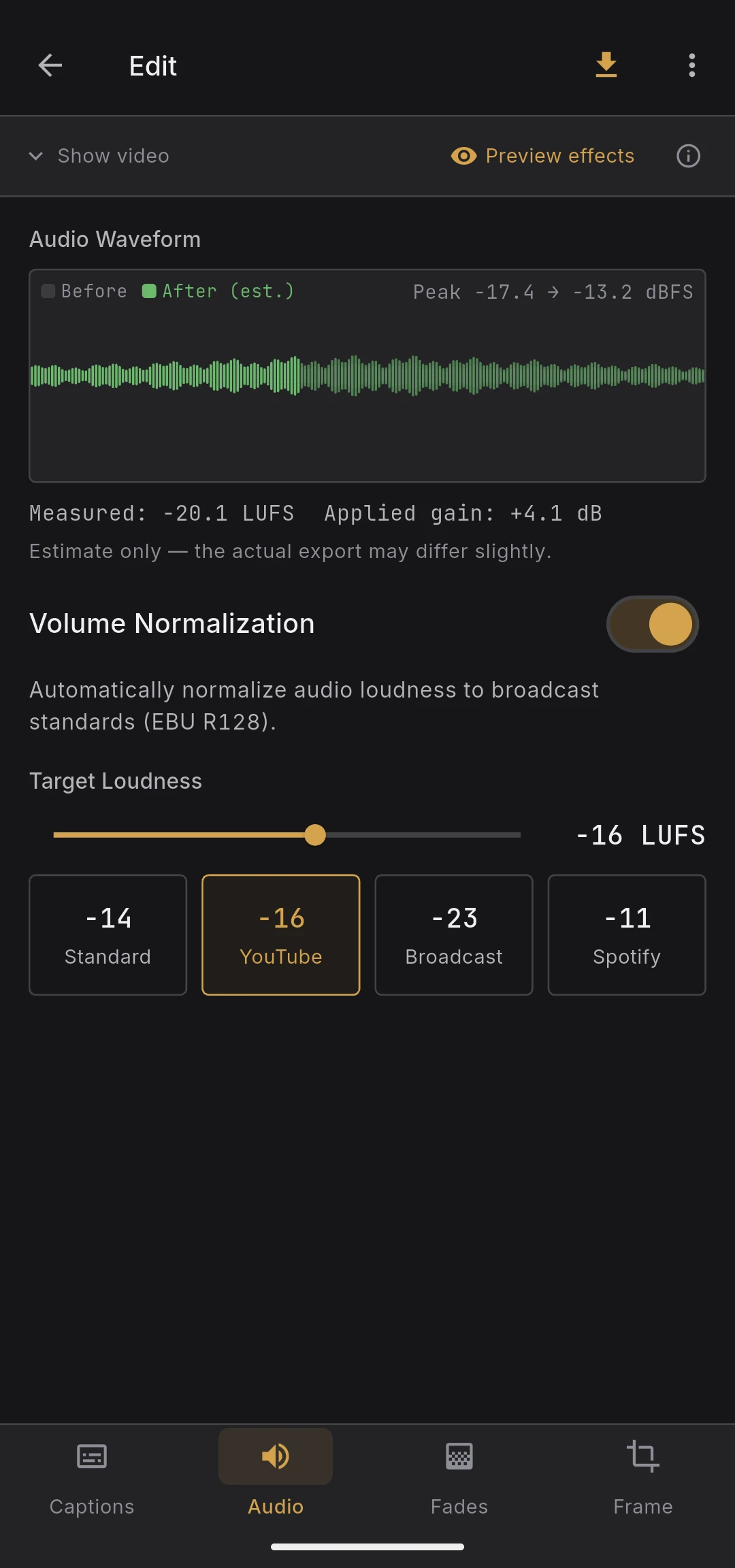 Loudness preset buttons: standard, YouTube, broadcast, Spotify