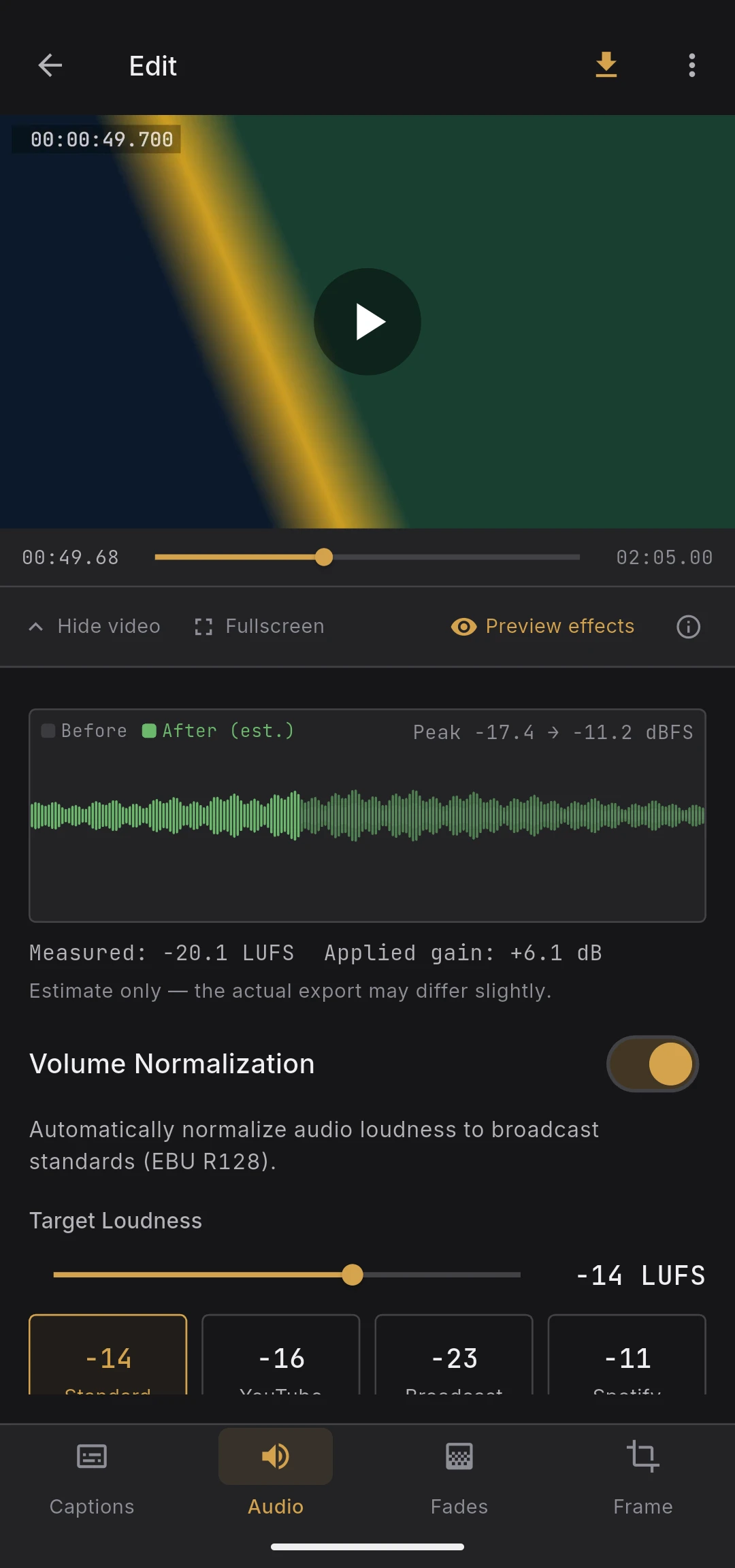 Before / after waveform comparison with playback head highlight
