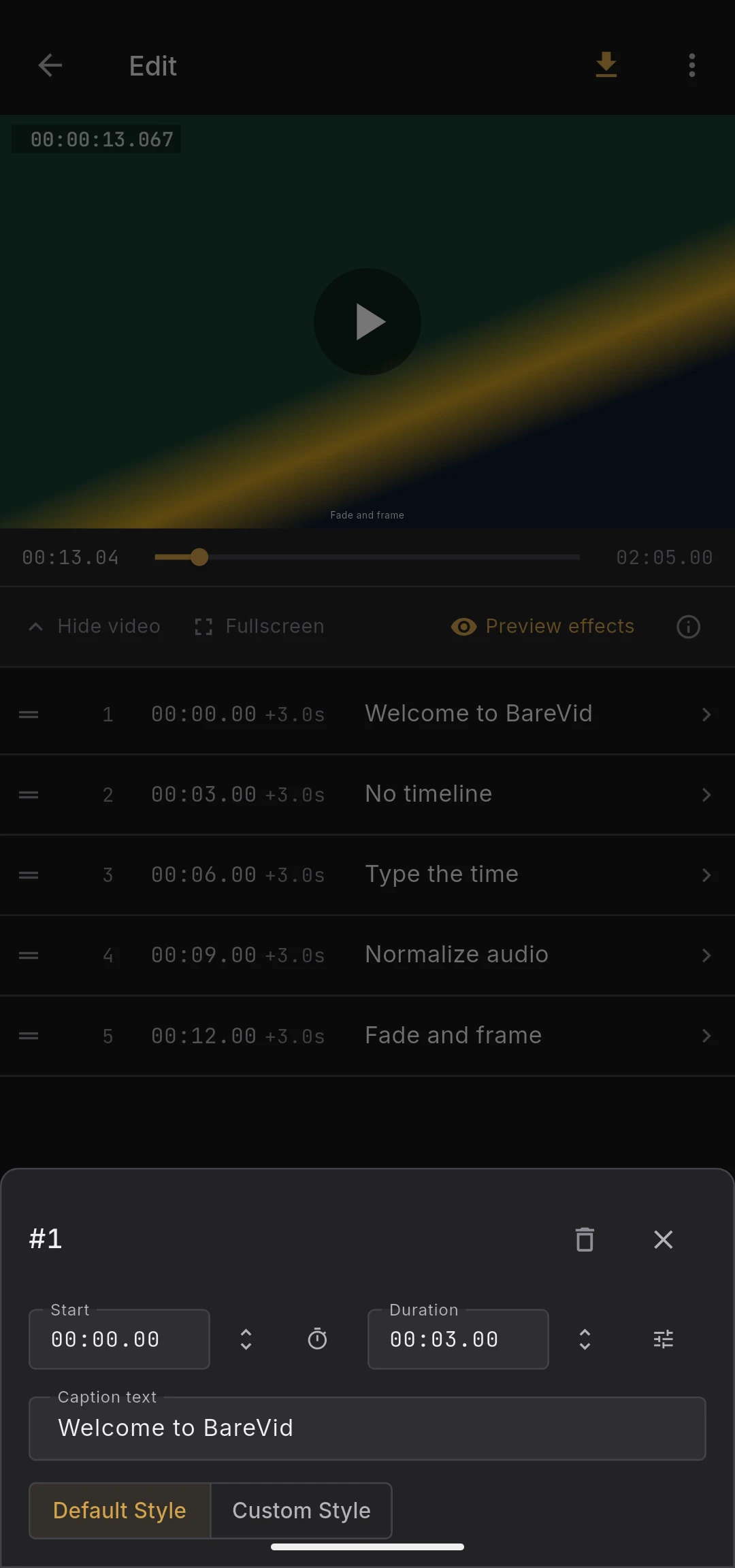 Caption edit sheet with text, start time, and duration fields