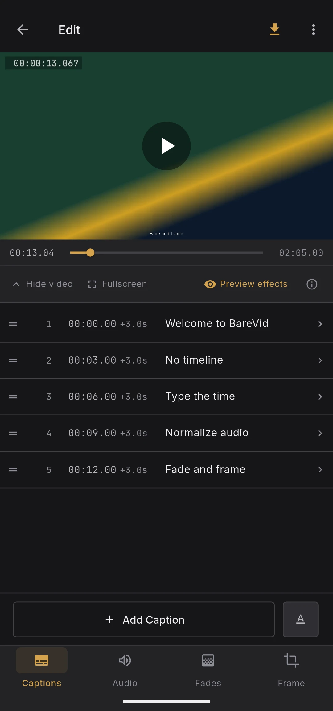 BareVid caption editor — captions in a table over a live preview