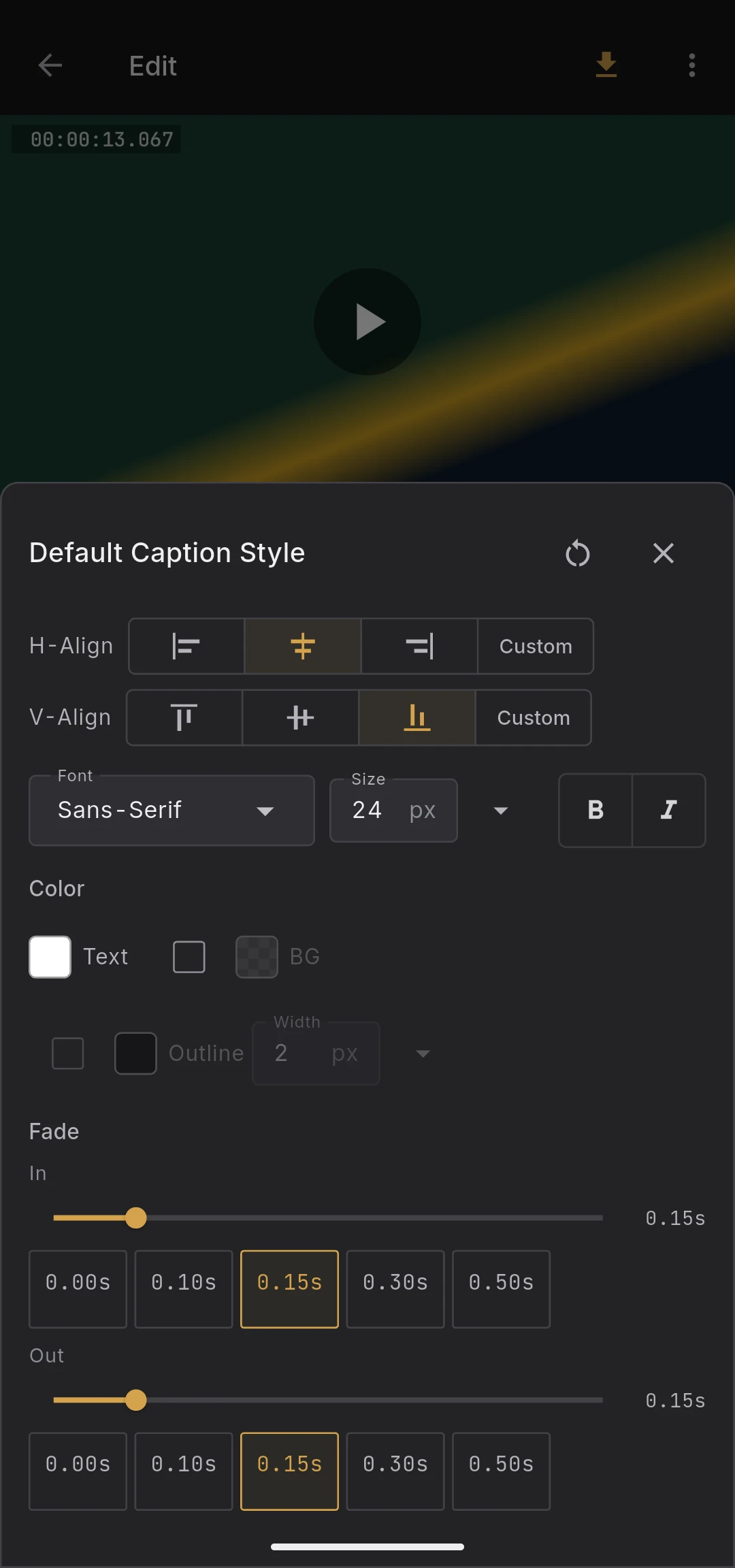 Default caption style editor with font, color, outline, and position fields