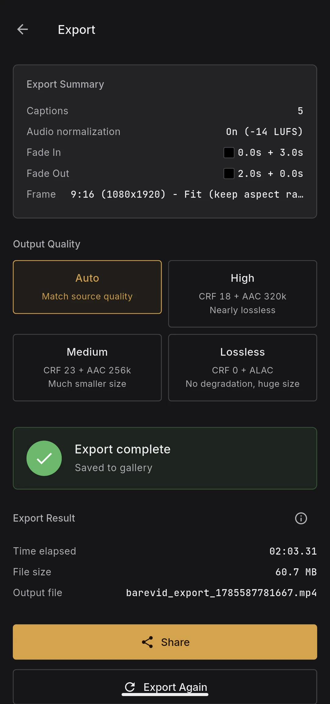 Result panel with elapsed time, file size, output file name, and Export again button
