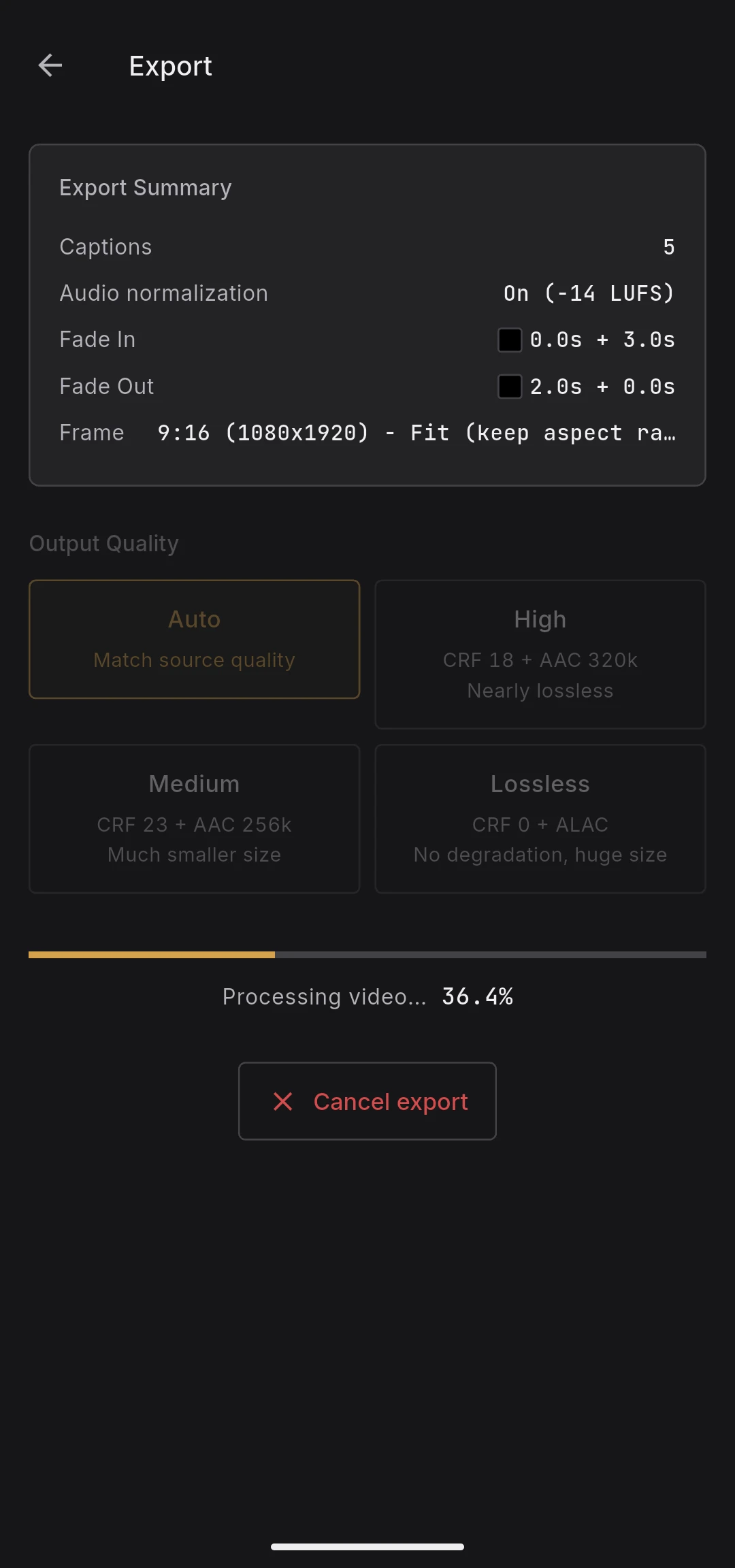 Export in progress with progress bar, Processing video status, and percentage