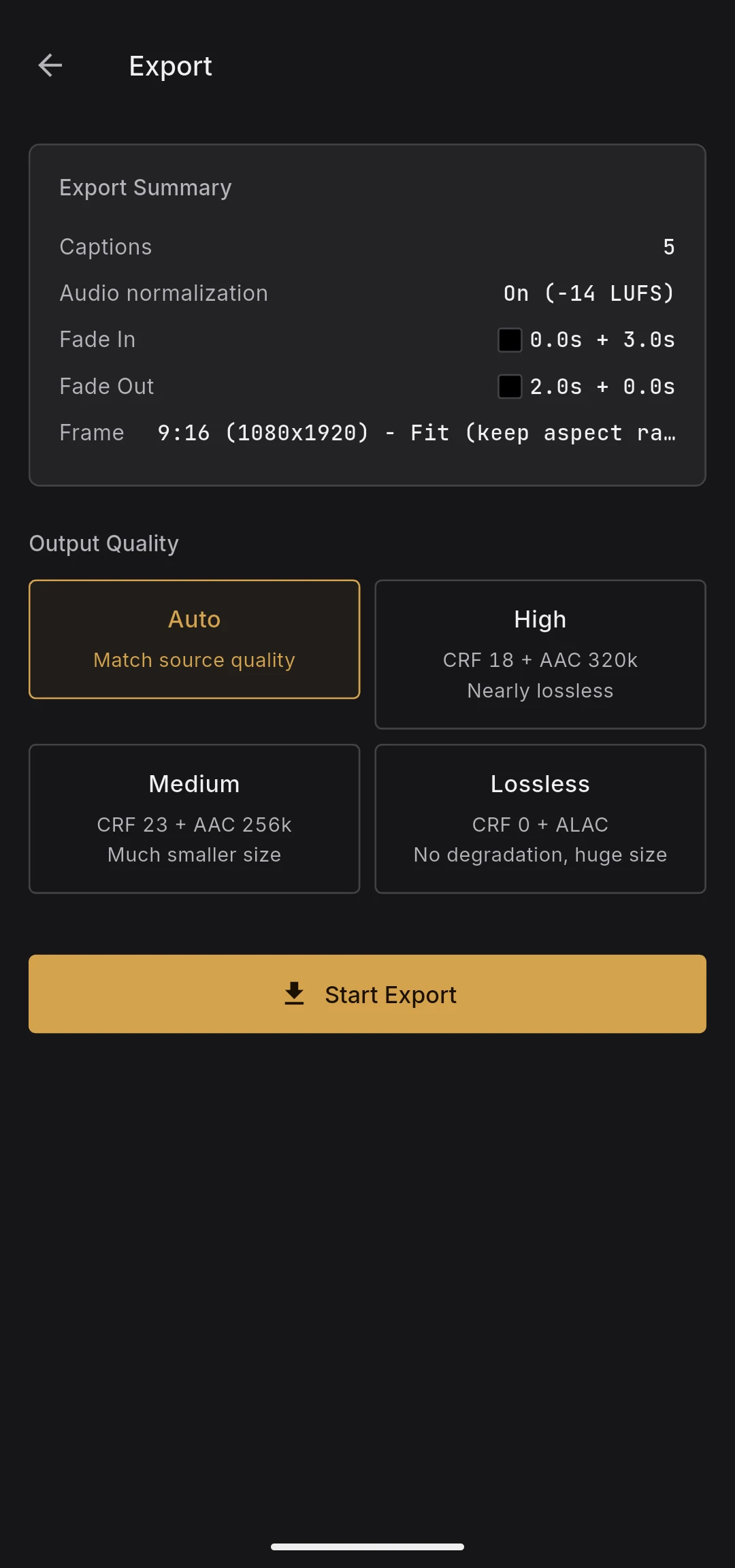 Export summary panel with caption count, LUFS target, fades, frame settings, and the export button