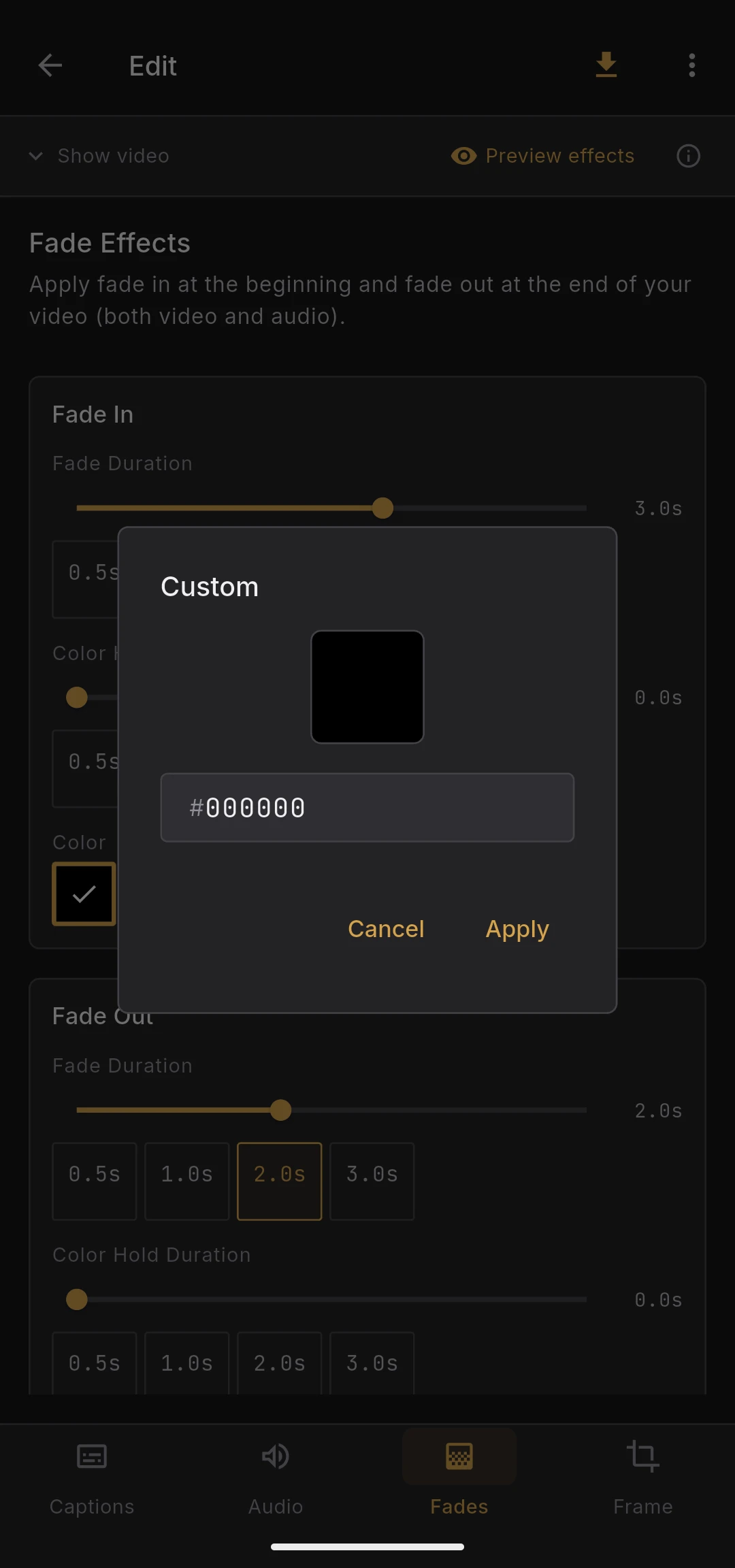 Fade color swatch picker open