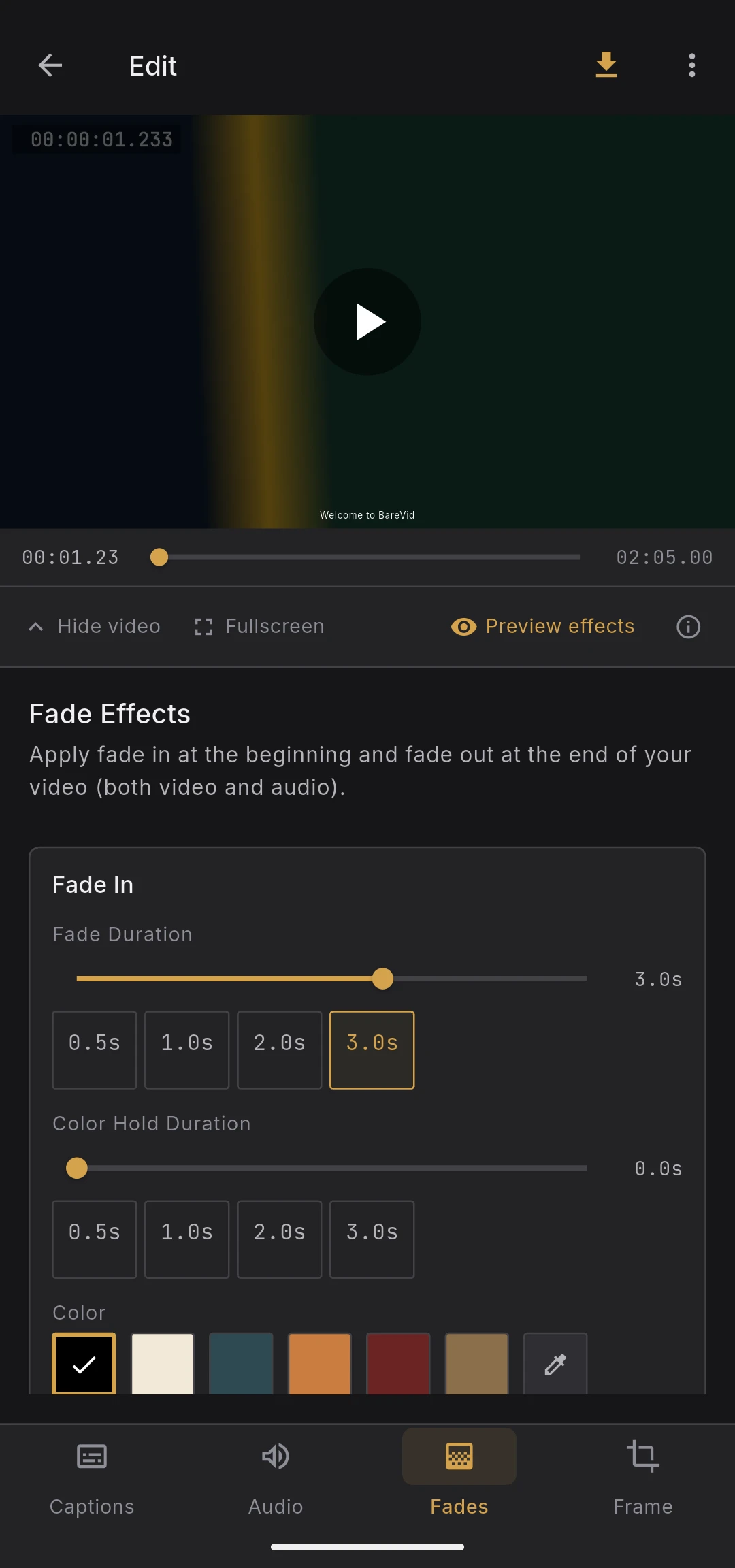 Video preview mid-fade-in at roughly 50% opacity