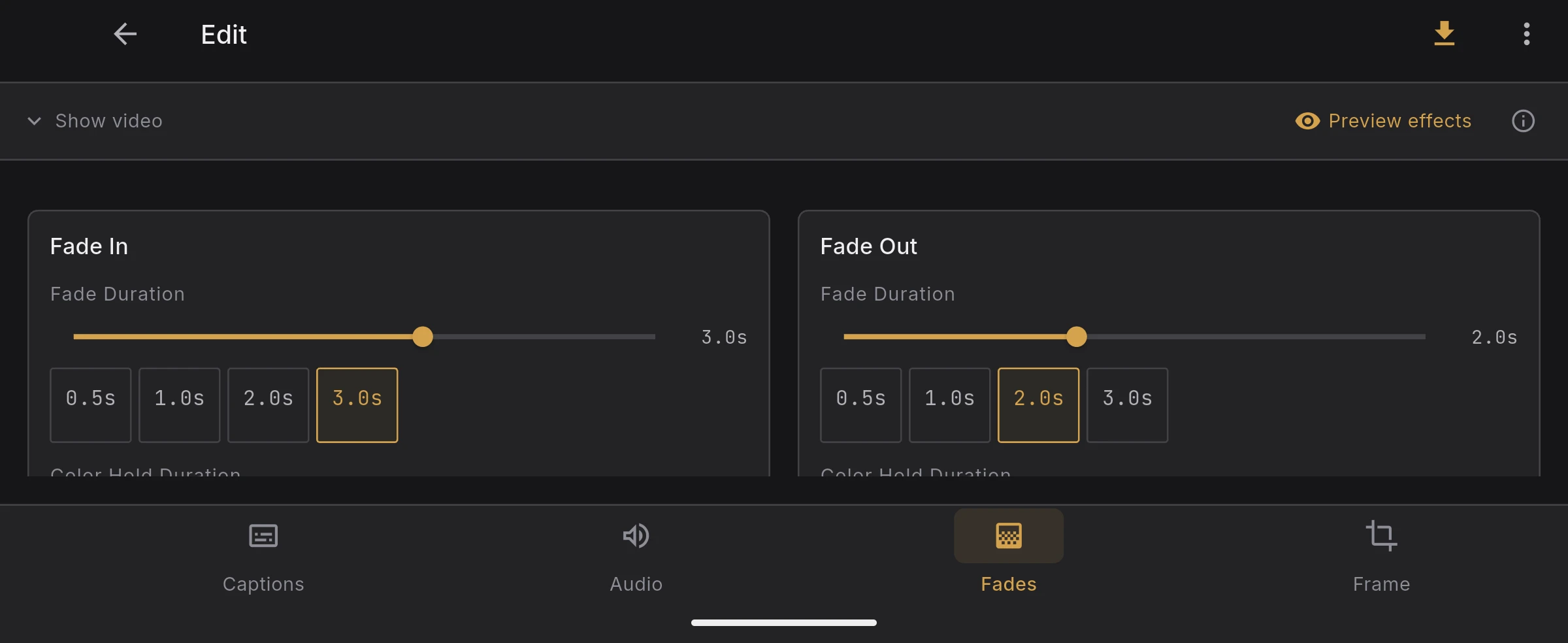 Fades tab with fade in and fade out panels side by side
