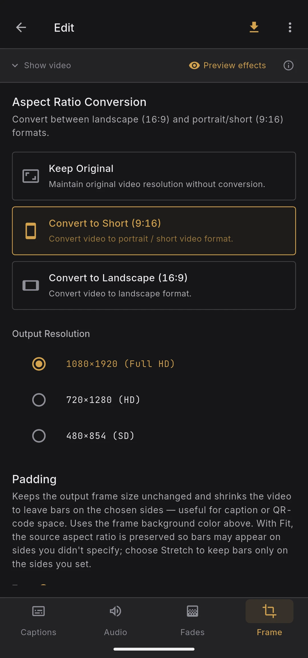 Aspect ratio mode toggles: keep original, 9:16, 16:9