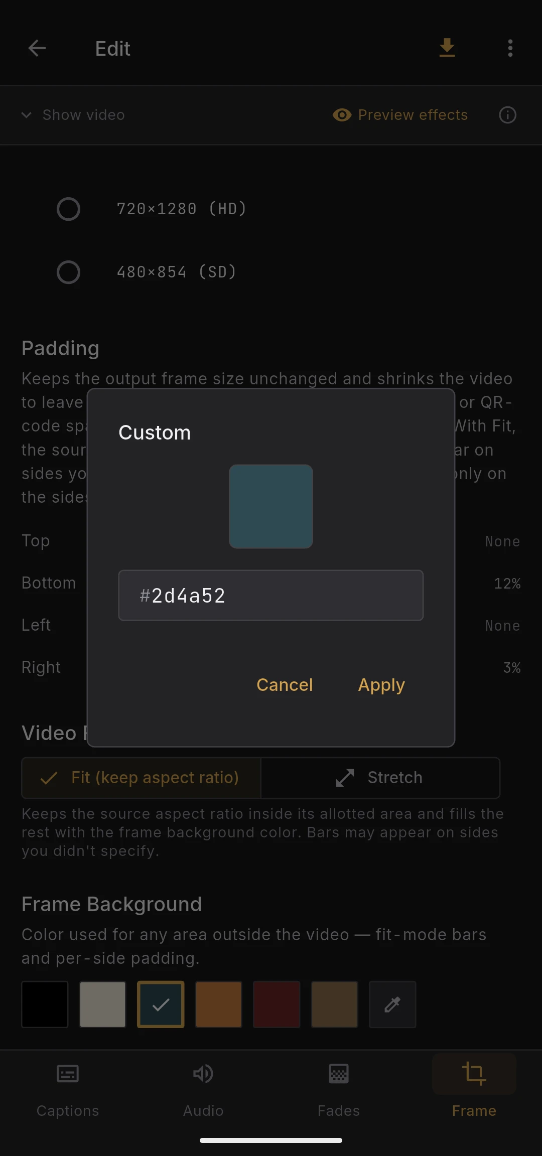 Frame background color swatch picker open