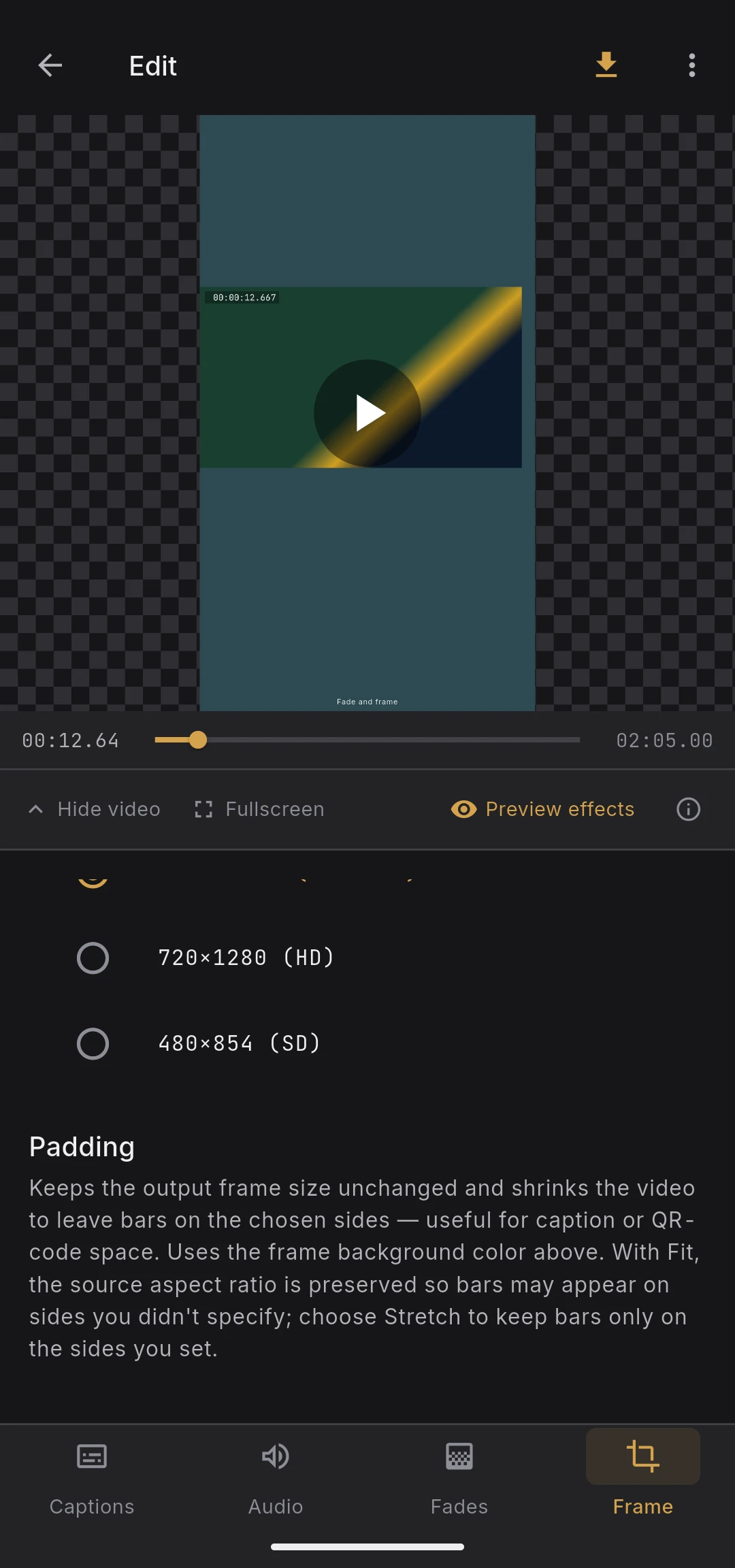 Frame preview showing checkerboard background, output frame, fit/padding bars, and the video