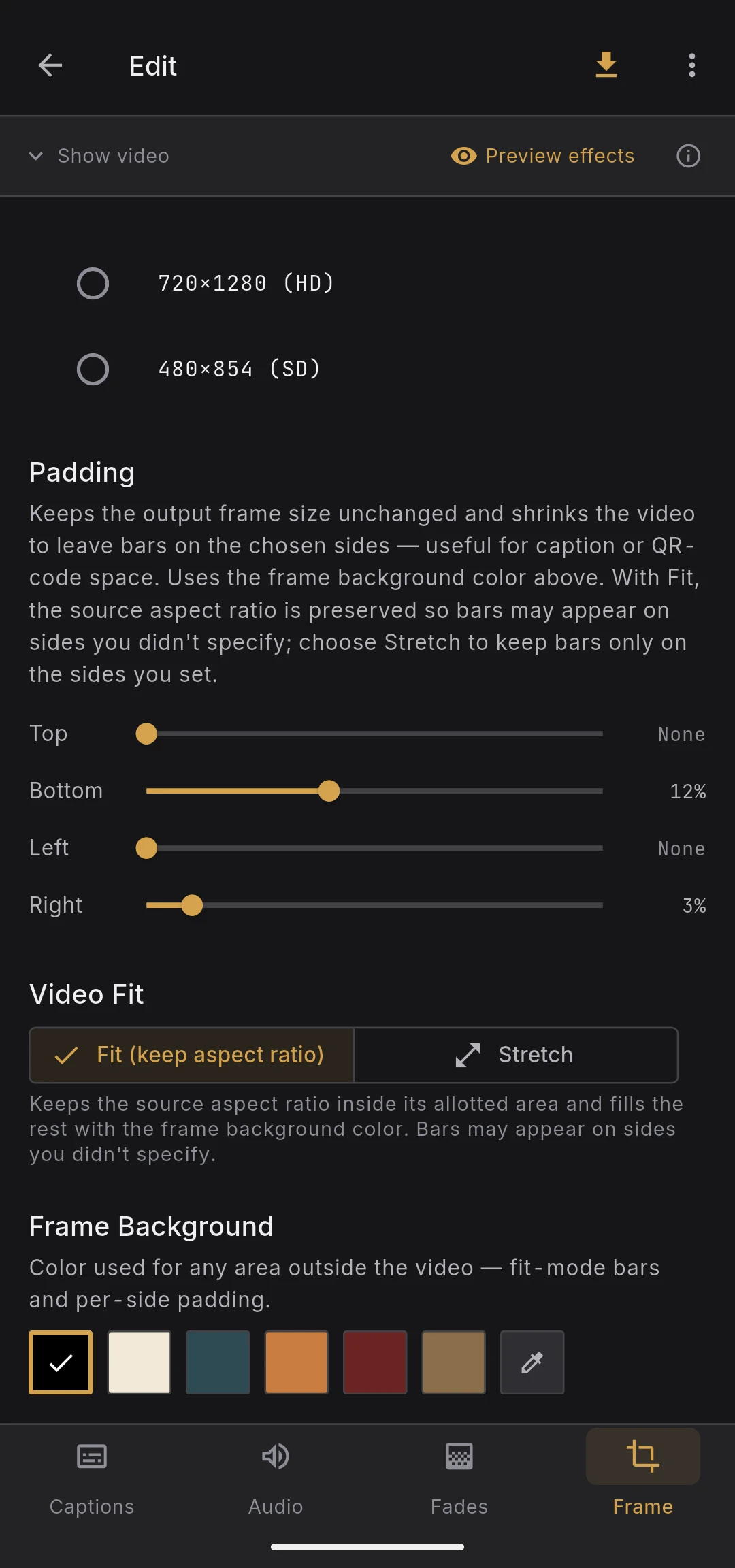 Frame tab with aspect ratio, fill mode, resolution, and padding controls