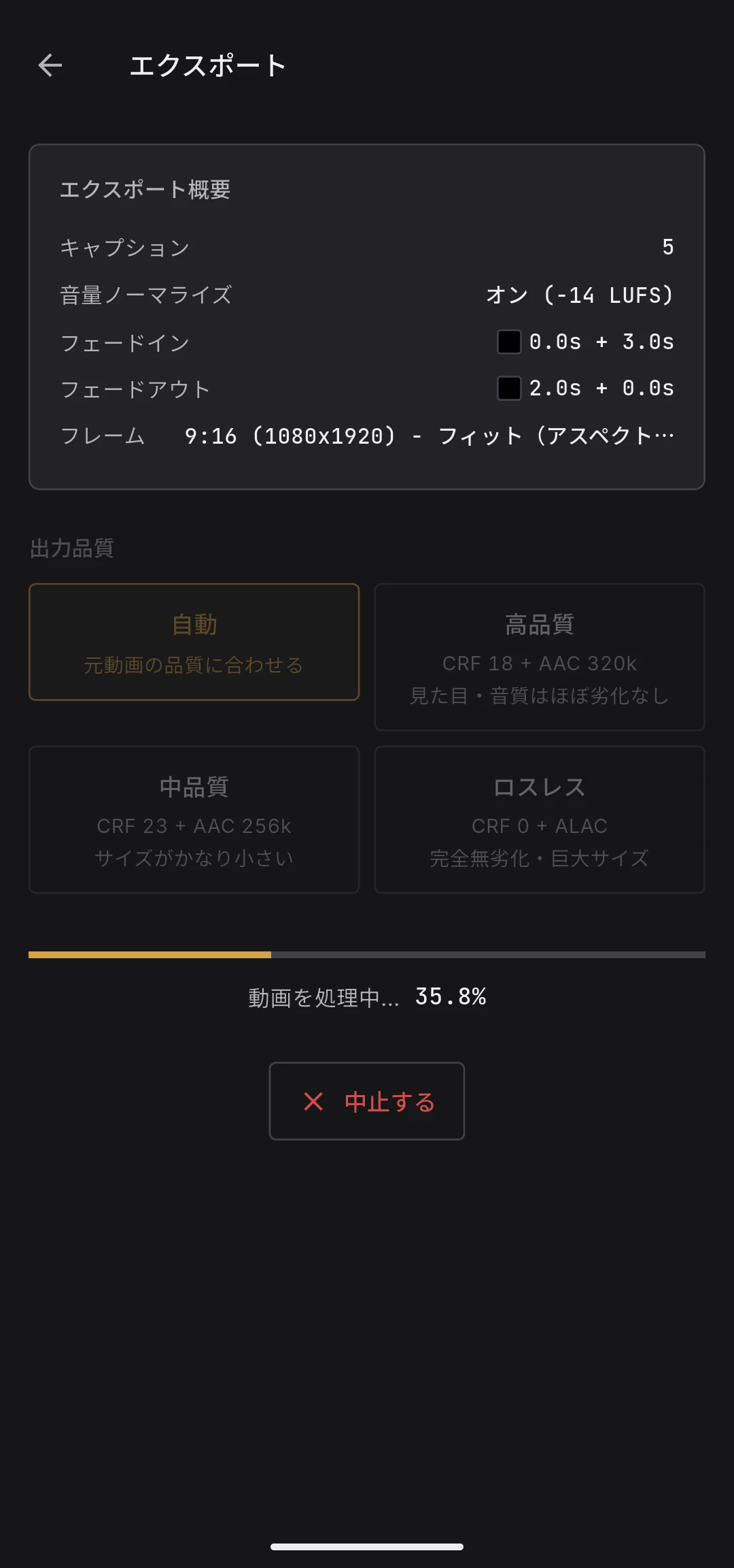 エクスポート処理中。プログレスバー・「動画処理中」ラベル・パーセンテージ