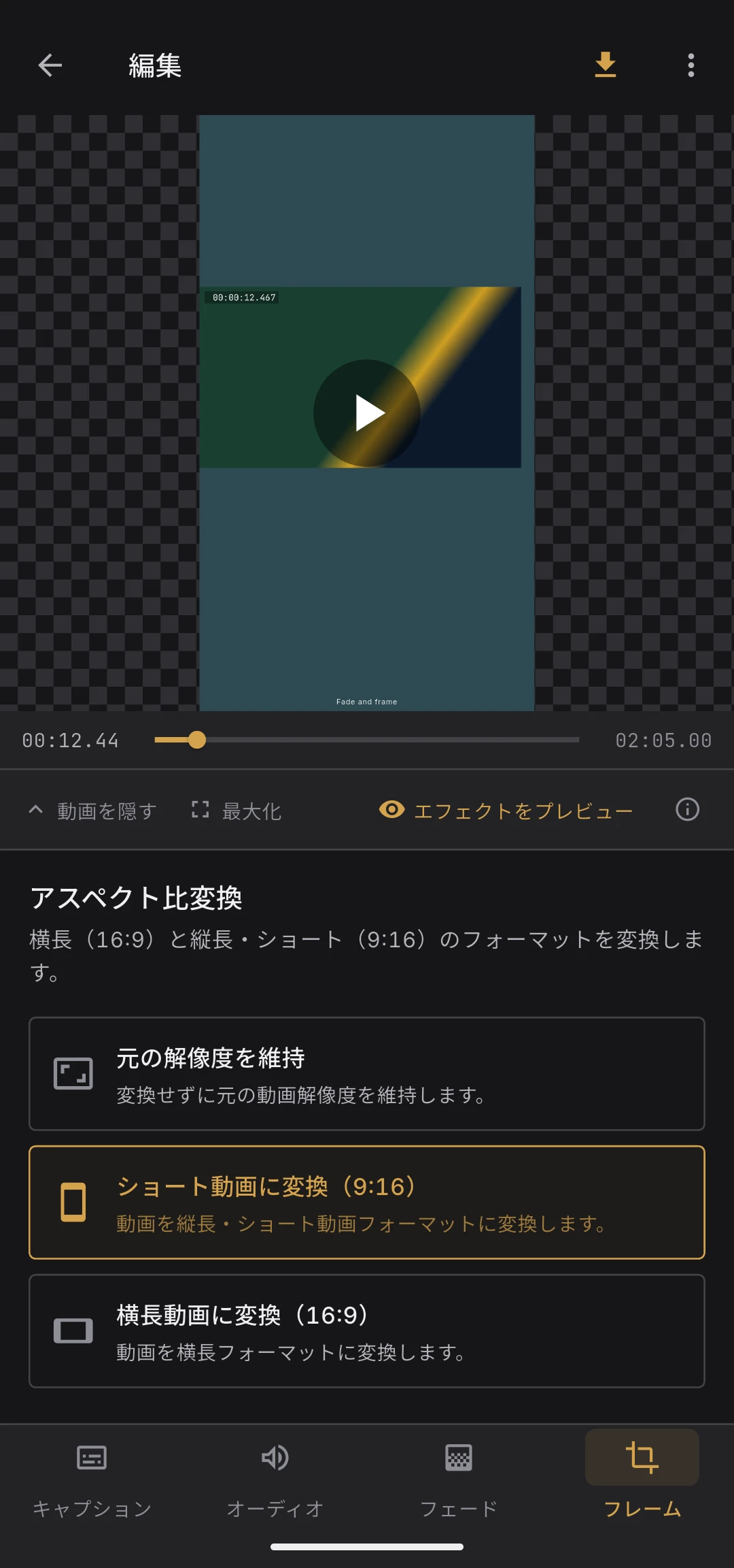 チェッカーボード背景・出力枠・Fit/余白帯・動画本体が見えるフレームプレビュー